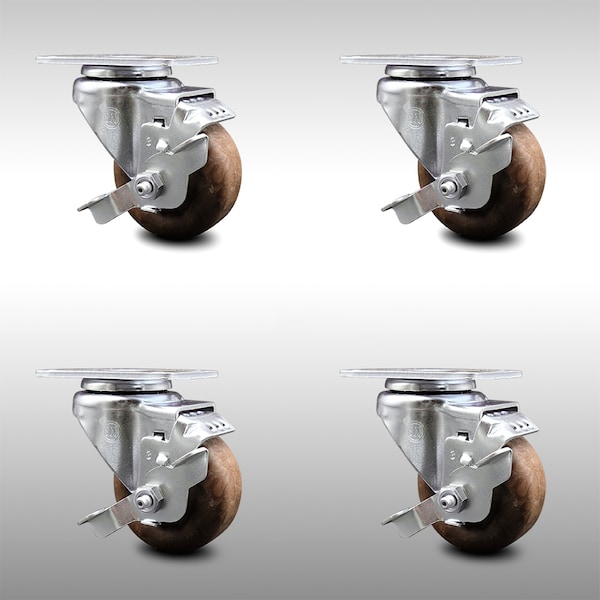3.5 Inch SS High Temp Glass Filled Nylon Swivel Top Plate Caster Set with Brake